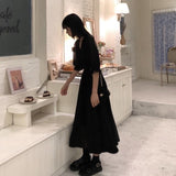 Dress Women Autumn Chic Simple Elegant Puff Sleeve Vintage Black Ladies Streetwear Party Daily V-neck Female Clothing Vestidos