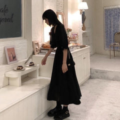 Dress Women Autumn Chic Simple Elegant Puff Sleeve Vintage Black Ladies Streetwear Party Daily V-neck Female Clothing Vestidos