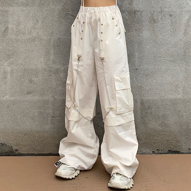 QWEEK Harajuku Goth White Cargo Pants Women Mall Goth Hippie Moda Punk Loose Pants Chain Baggy Oversize Korean Style Trousers