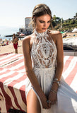 Pbong mid size graduation outfit romantic style teen swag clean girl ideas 90s latina aesthetic Beach Wedding Dress Boho Bride Gown Sexy High Side Slit Halter Lace Top Chiffon Skirt Long Backless Bridal Dresses