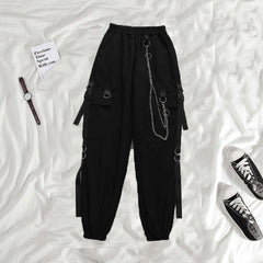 Women's Cargo Pants Buckle Ribbon Pocket Jogger Elastic Waist High Streetwear Harajuku Pant Chain Females Two Piece Pants