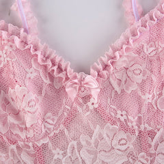 Sweet Cute Lace Cami Dress See Through Sexy Slim Sleeveless Ruffles Bow A-Line Mini Dresses For Women Summer Spring Lady