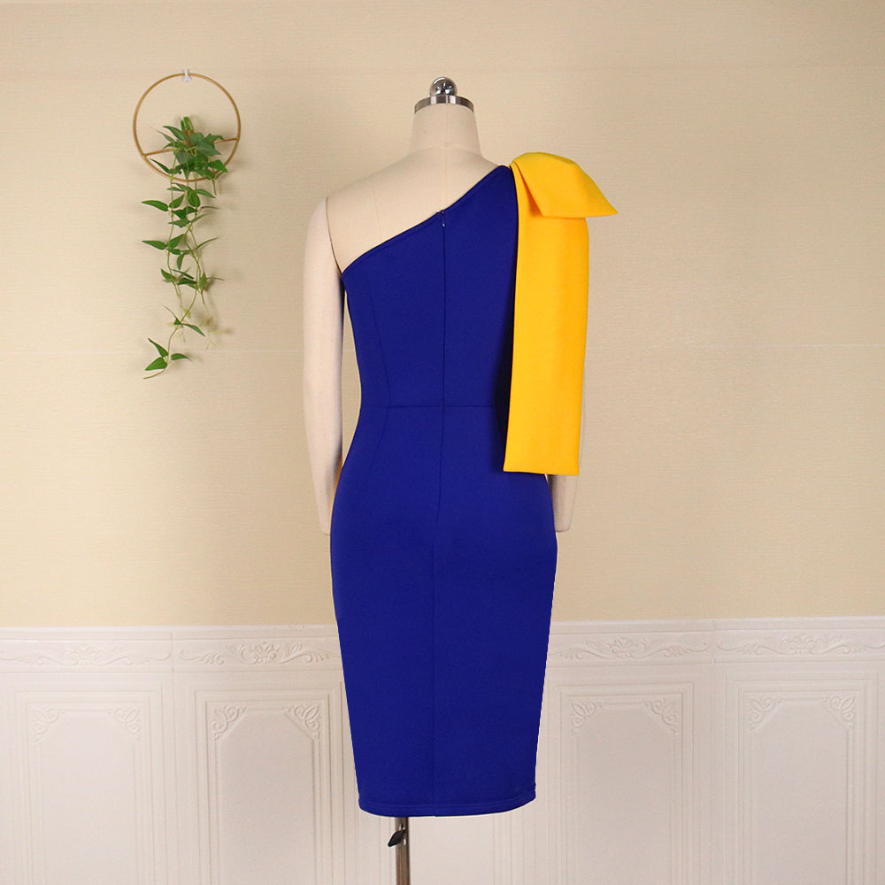 Women Dresses Bodycon Party Sexy One Shoulder Bowtie Blue Yellow Patchwork Irregular Sheath Event Lady African Autumn Night Out  Pbong mid size graduation outfit romantic style teen swag clean girl ideas 90s latina aesthetic