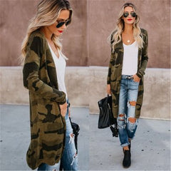 Spring Autumn Casual Women's Long Cardigan Jacket European and American Long Fashion Striped Camouflage Print  Casual Jacket