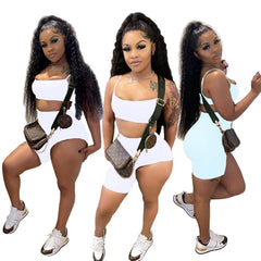 Echoine Solid Strap Spaghetti Crop Top Irregular Shorts Two Piece Set Summer Sport Tracksuit Matching Set Party Club Outfits