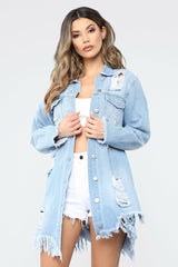 Woman Ripped Denim Coat Casual Long Denim Jacket Trendy Tassel Jeans Windbreaker Spring / Summer Clothing S-3XL