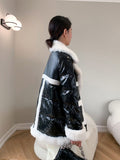 Lamb Wool Shiny Down Jacket Women mid-length  new Winter Black Thick Duck Down Fur Coat