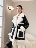 Lamb Wool Shiny Down Jacket Women mid-length  new Winter Black Thick Duck Down Fur Coat