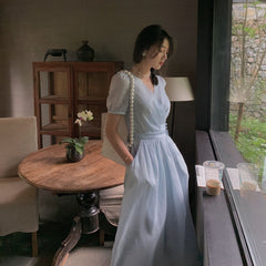 Elegant Fairy Midi Dress Women French Princess V-neck Korean Party Dress Female Summer One-piece Dress  Office Lady Causal