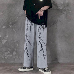 Men's casual pants dark lightning print loose all-match retro pants high street straight wide-leg pants sports pants mens autumn