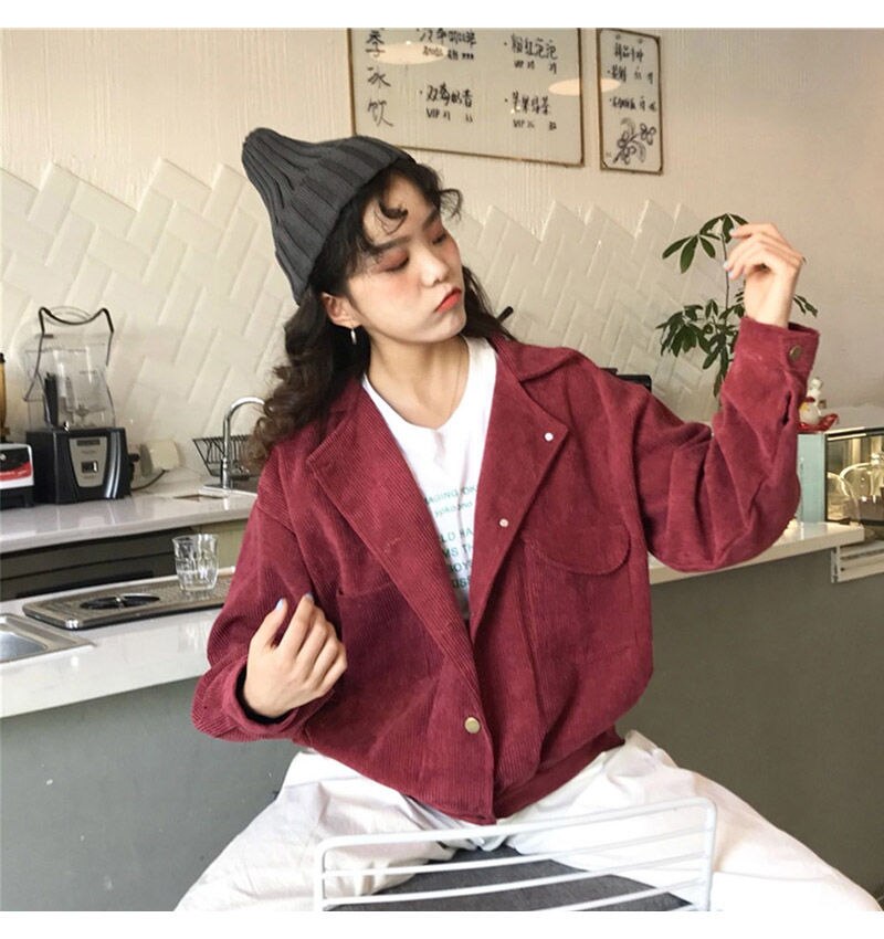 Thin Ulzzang Loose Newest Femme Coats Button Chic Vintage Tops Basic Jackets Women Solid Spring Corduroy All-match Short Casual