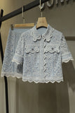 Summer Fashion Designer Runway Lace 2 Piece Set Women Blue Hollow Out Shirt Top+High Waist A-Line Sweet Skirt Hook Flower Set