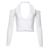 Elegant Sexy V-neck Mesh Tops Summer Women's See through Off Strapless Sleeve Crop Top  Club Party Tee shirts Mujer