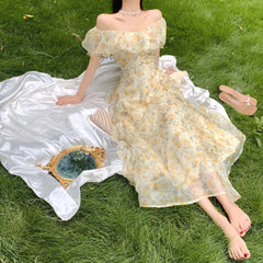 Off The Shoulder Dresses Women Ruffles Floral Designer Fairy Elegant Dress Female Summer Evening Party Vintage Midi Dresses