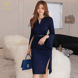 New V-Neck Split Vintage Vestidos Simple Chic Work Wear Dress Women Office Bodycon Sheath Casual Pencil Dresses