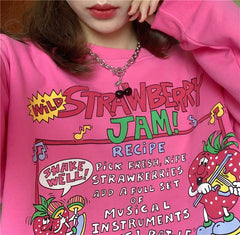 New Harajuku Retro Top Strawberry Print Hoodie Women Loose Streetwear Sweatshirt American Retro Oversized Pullover