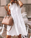 Pbong Summer Loose Daily Wear O Neck Solid Ruffles Trim Ruched Short Sleeve High Waist White A-Line Mini Casual Dresses for women
