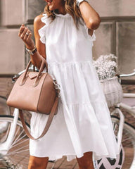 Pbong Summer Loose Daily Wear O Neck Solid Ruffles Trim Ruched Short Sleeve High Waist White A-Line Mini Casual Dresses for women