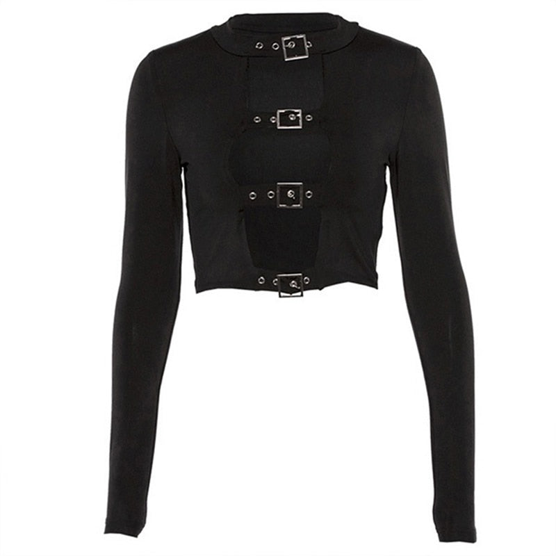 Sexy Women Crop Tops Hollow Out Buckle Long Sleeve Female Bodycon Tops Gothic Punk Black Tops Streetwear Party Lady Tee