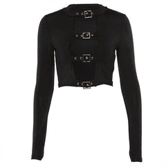 Sexy Women Crop Tops Hollow Out Buckle Long Sleeve Female Bodycon Tops Gothic Punk Black Tops Streetwear Party Lady Tee