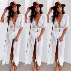Pbong mid size graduation outfit romantic style teen swag clean girl ideas 90s latina aesthetic3XL Plus Size Beach Long Maxi Dress Women Beach Cover Up Tunic Pareo White V Neck Dress Robe Swimwear Bathing Suit Beachwear