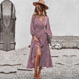 Spring Autumn Long Bandage Print Dress For Women V Neck Full Sleeve Hight Waist Winter Maxi Dresses Ladies Elegant
