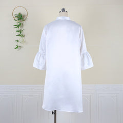 Pbong mid size graduation outfit romantic style teen swag clean girl ideas 90s latina aestheticWomen Loose Dresses Stand Collar Three Quarter Sleeves Oversized White Yellow Ladies Classy Summer Autumn Robes Gowns
