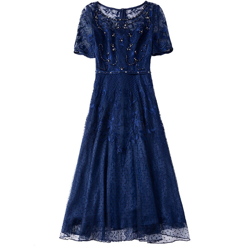 Early autumn new style round collar slim mesh yarn dress short sleeve high waist Embroidered Beaded A-shaped dresses
