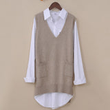 Long Knitted Vest Women V-neck Solid Polly Pocket Plus Size Sleeveless Vest Pullover Gilet Femme Korean Casual Female Vest 4XL