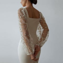 Sexy Sheer Lantern Sleeve Long Dress Fashion Patchwork Embroidery Mesh Party Dress Women Casual Square Collar Slim Bodycon Dress