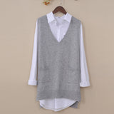 Long Knitted Vest Women V-neck Solid Polly Pocket Plus Size Sleeveless Vest Pullover Gilet Femme Korean Casual Female Vest 4XL