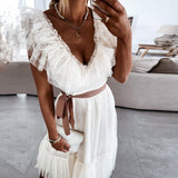 Sexy V Neck Mesh Sheer Beach Dress Elegant Butterfly Sleeve Ruffle Long Dress Women Fashion Belted Lace-up Party Dress Vestidos