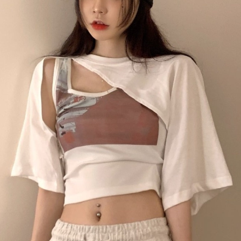 Y2k Crop Tops Ladies Korean Blouse Woman New Collection Summer Short Sleeve Short Tshirts Elegant Korean Style 2 Piece Set