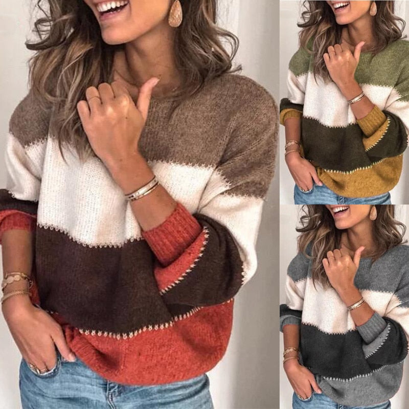 Loose Autumn Winter Striped Sweater Women Pullover Plus Size Womens Sweaters High Quality Oversized Color Block Sweater Jumper