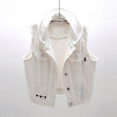 Plus Size 5XL White Hooded Denim Vest Coat Women New Autumn Casual Short Sleeveless Jacket Single-Breasted Jeans Waistcoat G1035