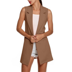 Women Solid Color Sleeveless Slim-Fit Long Lapel Pocket Waistcoat Formal Vest