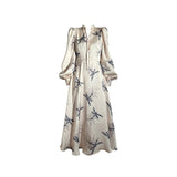 Early Autumn Women's Floral Print Satin Dress Deep V Long Sleeve Single Breasted High Waist Back Hollow Out Lady Loose Robe