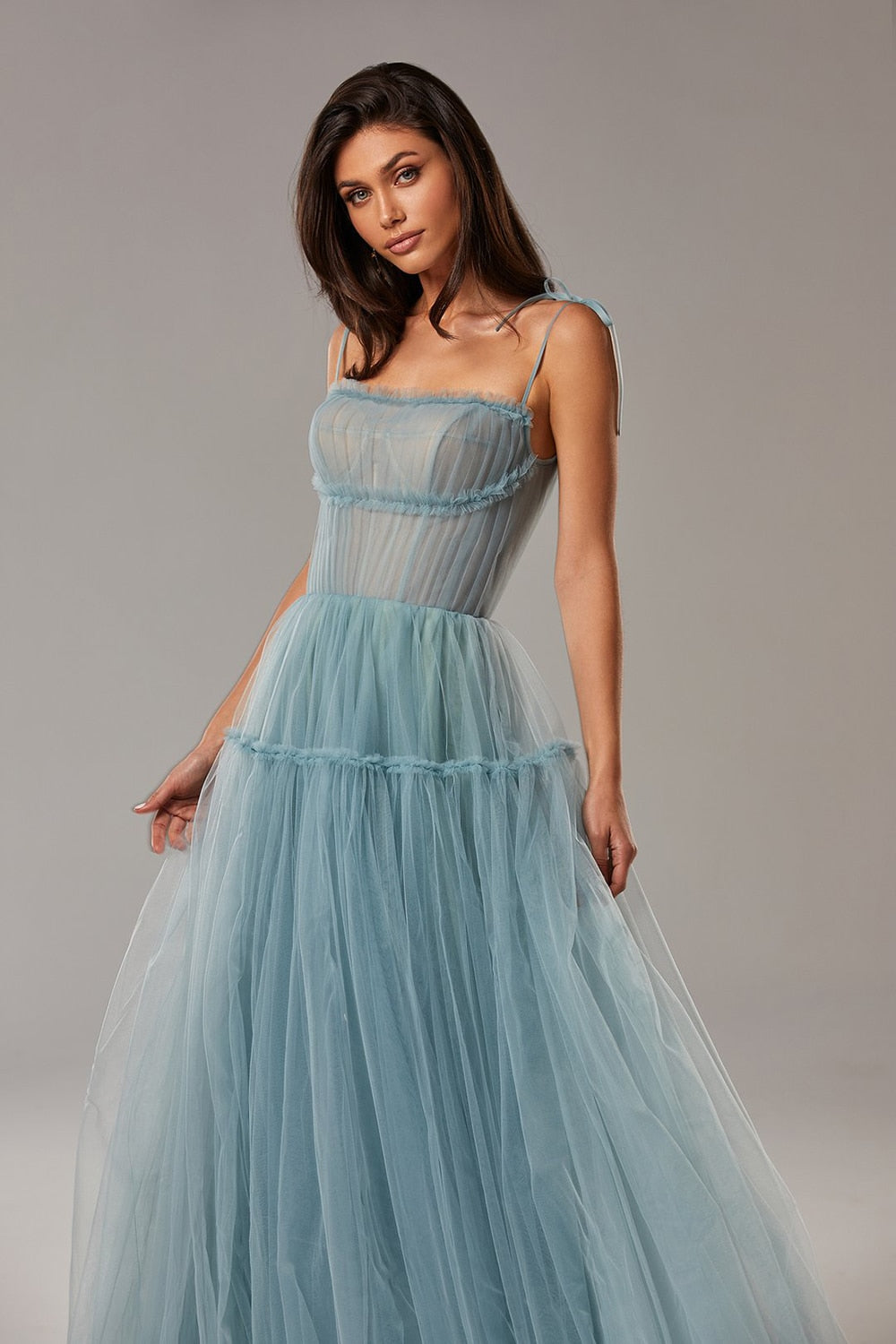 Blush Pink/Blue Long Prom Dresses Spaghetti Straps Tiered Skirt A-Line Party Dresses Ple