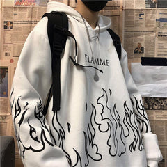 Streetwear ladies flame print pullover hoodie oversized Harajuku style hoodie plus size winter sweatshirt Korean streetwear top