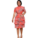 Pbong mid size graduation outfit romantic style teen swag clean girl ideas 90s latina aestheticWomen Printed Cake Dress Short Sleeves with Bowtie Ruffle Elegant Office Ladies African Female Knee Length Modest Robes Vestidos