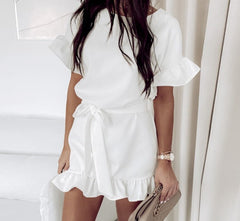 Summer Ruffles Casual Dress Women With Belt A Line White Sexy Short Sleeve Party Clothes Khaki Mini Elegant Dresses