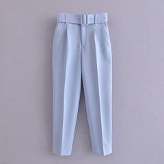 Women fashion solid color sashes casual slim pants chic business Trousers female fake zipper pantalones mujer retro pants P575