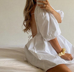 White Backless Casual Dress Women Short Puff Sleeve A Line Summer Sexy Beach Square Neck Elegant Party Mini Dresses