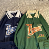 Vintage Polo Collar Oversized Hoodies Women Korean Trendy  Autumn Letter Print Sweatshirt Loose Harajuku Top Long Sleeve