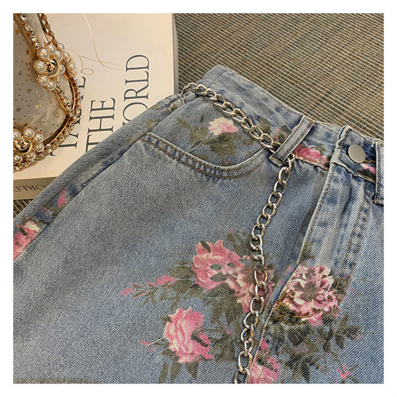 Streetwear Vintage Flowers Print Long Denim Skirts Summer High Waist Slim Sexy Open Split Straight Skirt Jeans Saias Female