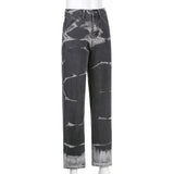 pbong Brown Tie Dye Print Y2k Baggy Mom Jeans Women Vintage Aesthetic Straight Denim Pants High Waist Gray Trousers Streetwear