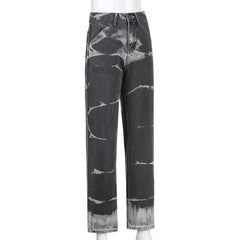 pbong Brown Tie Dye Print Y2k Baggy Mom Jeans Women Vintage Aesthetic Straight Denim Pants High Waist Gray Trousers Streetwear