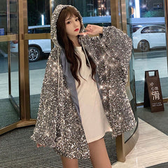 Outerwear Sequins Fashion Hooded Women Cotton Jacket Winter New Large Size Thick Loose Korean Women's Cotton Jacket JK244