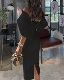 Women Elegant Dress Polkadot Print Ruffles Scarf Off Shoulder Cape Design Skinny Party Dress