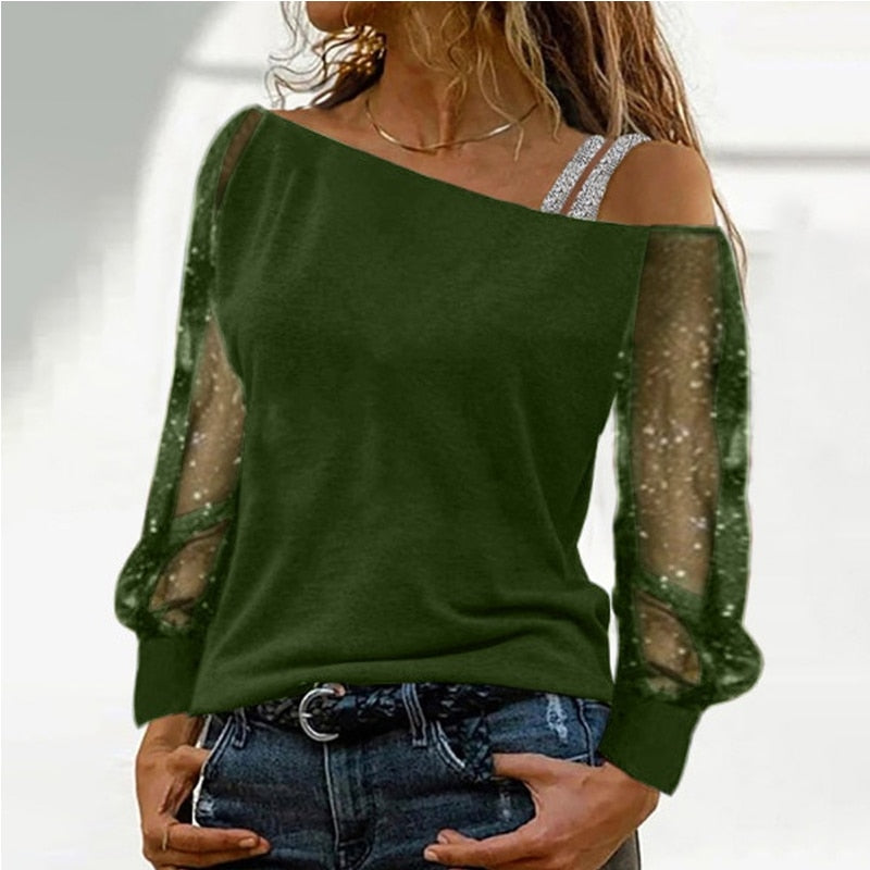 Pbong mid size graduation outfit romantic style teen swag clean girl ideas 90s latina aesthetic Lace Blouse Women Sexy Long Sleeves Skew Collar Off Shoulder Patchwork Tee Tops Casual Autumn Elegant Diamond Blousas